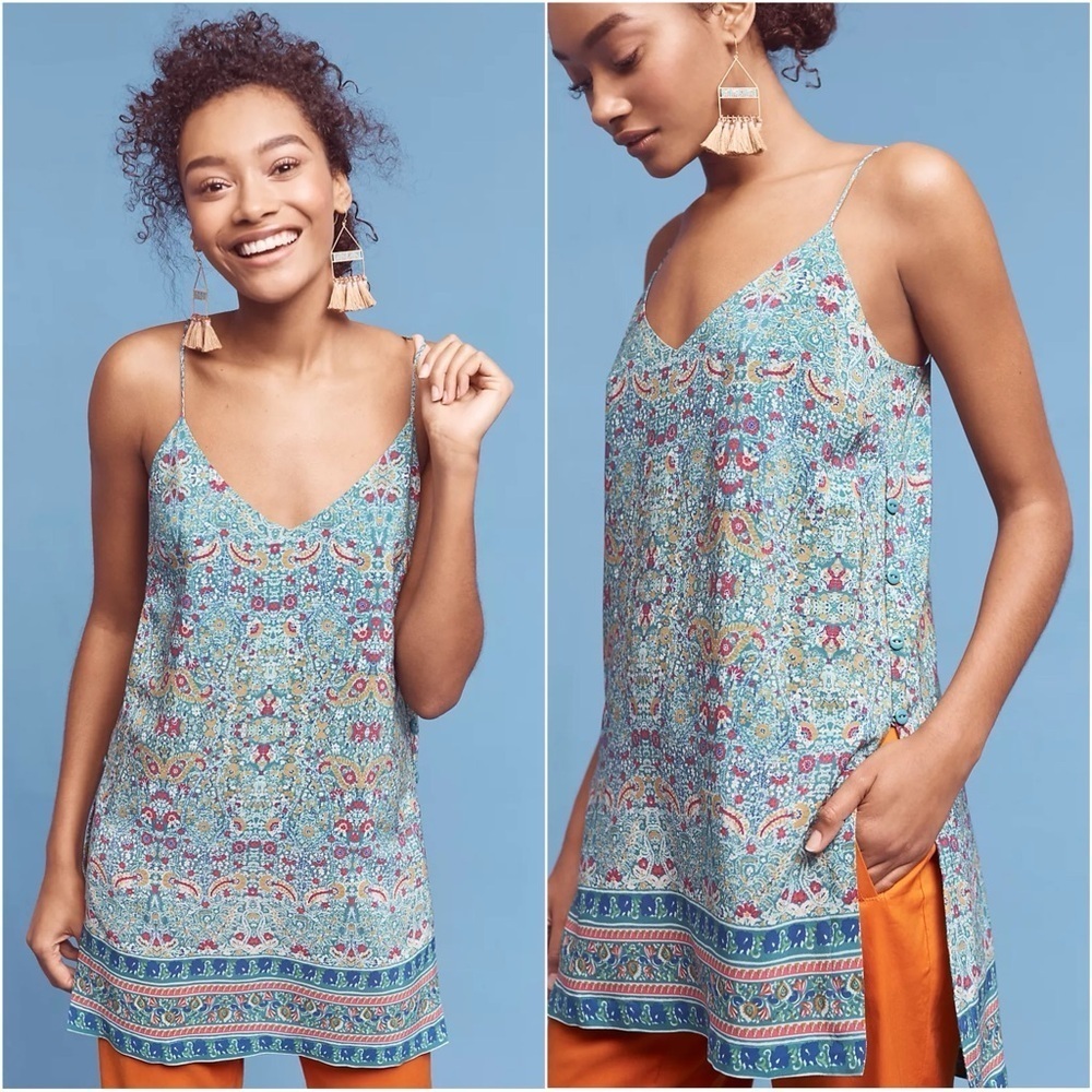 Anthropologie Maeve Top Meret Tunic Silk V-neck Strappy Back Flowy Teal Sz 8